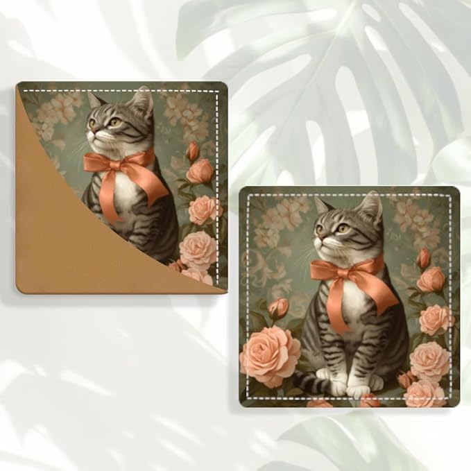 2PCS Leather Bookmarks 3.54 x 3.54 Inch Vintage Cat with Bow and Roses Design Reading Accessories for Books Journals Bibles Travel Diary Students Teachers and Book Lovers Gift