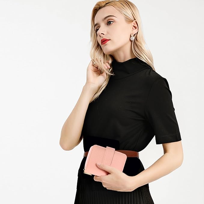SENDEFN Small Leather Credit Card Holder Wallets for Women Bifold Zipper Pocket Purse with ID Window