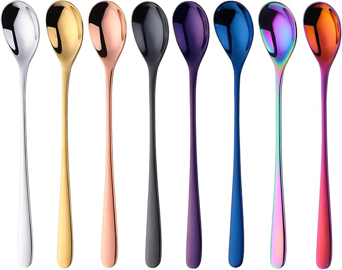 Buyer Star 8-Inch Long Handle Iced Tea Spoons, Ice Cream Spoon, Stainless Steel Cocktail Stirring Spoons, Set of 8 (Coloured)