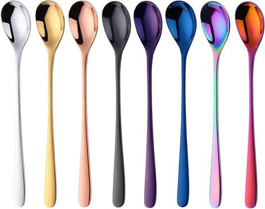 Buyer Star 8-Inch Long Handle Iced Tea Spoons, Ice Cream Spoon, Stainless Steel Cocktail Stirring Spoons, Set of 8 (Coloured)