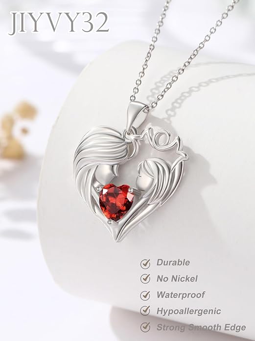 Mother and Daughter/Son Love Heart Necklace White Gold/14K Gold/Rose Gold Birthstone Jewelry Christmas Mothers Day Birthday Gifts For Mom Wife Grandma Women