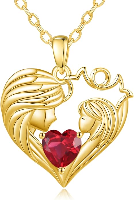 Mother and Daughter/Son Love Heart Necklace White Gold/14K Gold/Rose Gold Birthstone Jewelry Christmas Mothers Day Birthday Gifts For Mom Wife Grandma Women