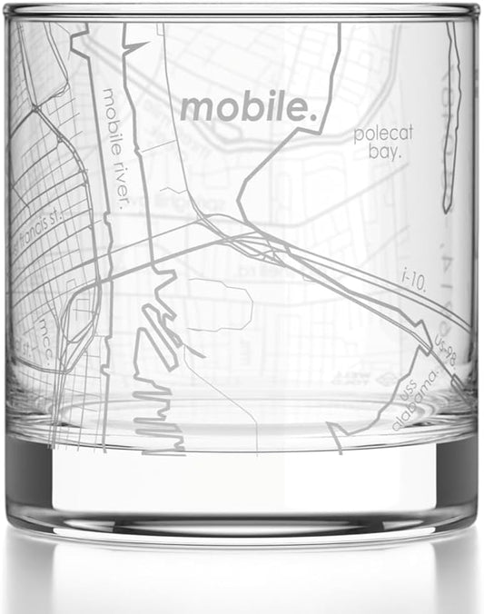 Well Told Engraved Mobile Alabama Map Rocks Glass, Old Fashioned Glassware (11 oz, Clear) Etched Bourbon Tumbler, Gifts For Whiskey Lovers