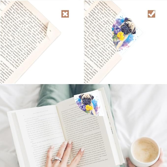 2PCS Leather Bookmarks 3.54 x 3.54 Inch Cute Pug Dog with Flowers Design Reading Accessories for Books Journals Bibles Travel Diary Students Teachers and Book Lovers Gift