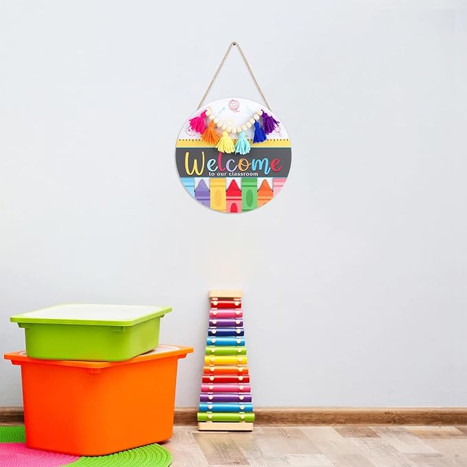CHDITB Classroom Welcome Wooden Sign, Welcome to Our Classroom Front Door Sign Wood Hanging Plaque, Crayon Round Wood Wreaths, Back to School Wall Decor for Teacher Supplies Nursery Decor