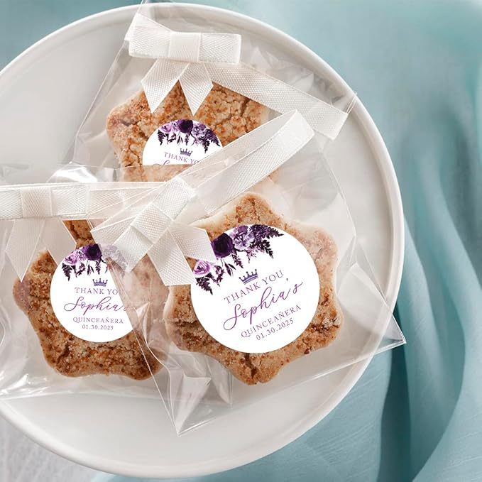 Andaz Press 40-Pack Personalized 2" Round Circle Quinceañera Labels, Purple Florals Custom Thank You Sticker Labels for Mis Quince Años, XV, 15th Birthday Favor Gifts Quinceanera Decorations