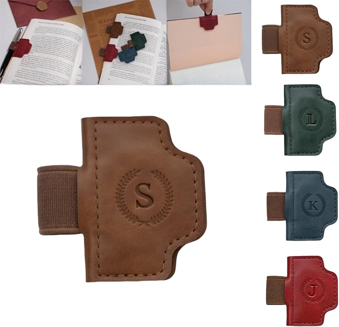 Personalized Magnetic Bygone Mark Bookmark with Pen Holder, 26 Letters Name Initial Custom Leather Book Mark for Women, Gifts for Book Lovers and Readers (Brown,S)