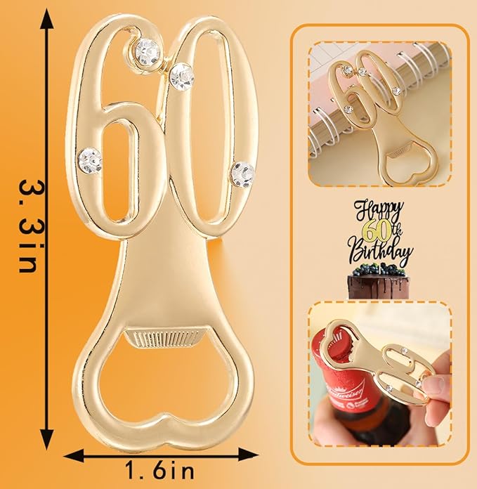 24 pcs Golden 60 Bottle Openers for Guests 60th Birthday Party Favors Rhinestones Decorations for Birthday souvenirs Keepsake for Guests(Gold, 60 style)