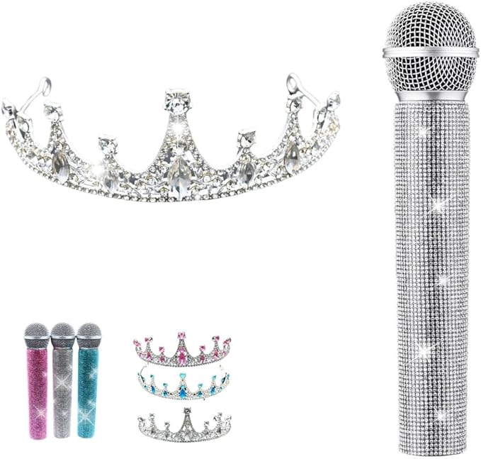 Bling Fake Microphone Prop and Crystal Tiara – Sparkly Rhinestone Toy Mic & Crown Girls Cosplay, Princess Dress Up