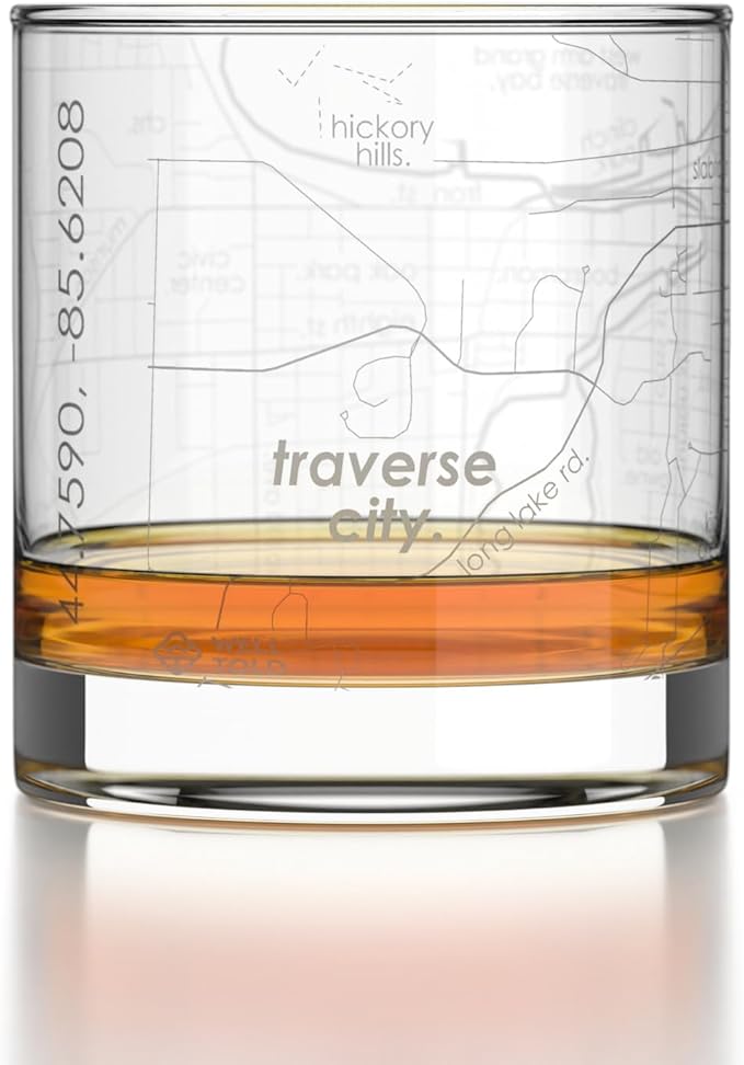 Well Told Engraved Traverse City Michigan Map Rocks Glass, Old Fashioned Glassware (11 oz, Clear) Etched Bourbon Tumbler, Gifts For Whiskey Lovers