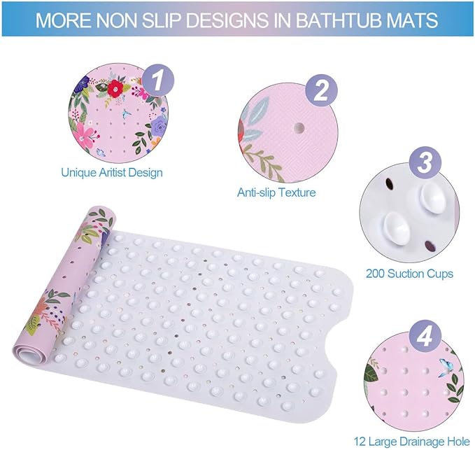 Pink Floral Bathtub Mat Non Slip for Kids 40x16in Extra Long Anti Slip Flower Bath Mat for Tub Bath Shower Mat with Large Drain Holes and Suction Cups Quality Modern Art Plant Design Bathroom Decor
