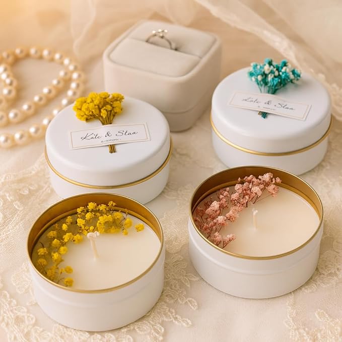 Personalized Natural Soy Wax Wedding Favor Candle Gift Set for Guest - Fall Winter Christmas Custom Dried Flower Bridal Baby Shower Gifts in Bulk (30 Pieces, Pink Flower)