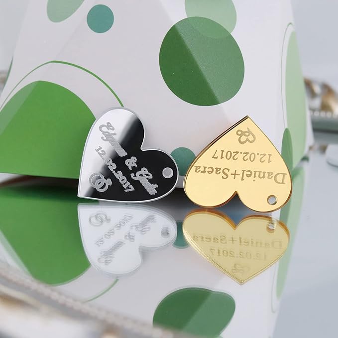 30Pcs Custom Wedding Mirror Tags with Holes,Personalized Acrylic Heart Tags,Lettering Name Logo for Baby Shower Favor Valentines Day Handmade Items Wedding Favors Birthday Party