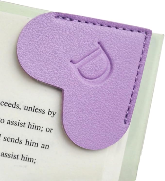 MOTEERLLU Personalized Leather Heart Bookmark with Initials, Handmade, Letter Cute Custom Corner Book Marks for Reading Women, Teachers, Students, Book Lovers, Book Accessories(Purple,D)