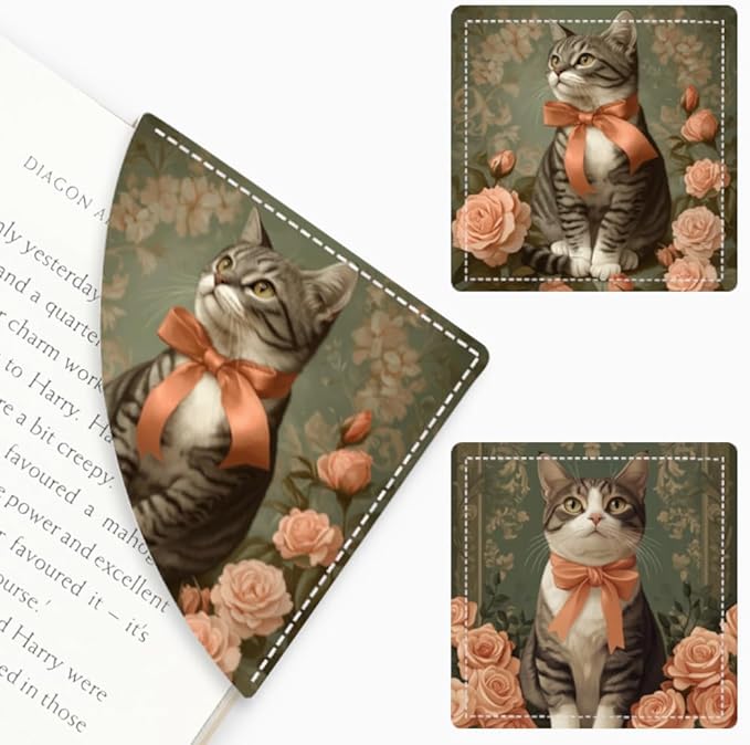 2PCS Leather Bookmarks 3.54 x 3.54 Inch Vintage Cat with Bow and Roses Design Reading Accessories for Books Journals Bibles Travel Diary Students Teachers and Book Lovers Gift