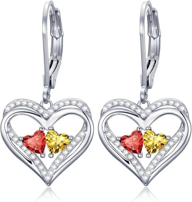 Heart Leverback Earrings Double Birthstone Dangle Earrings for Women, Love Jewelry for Her, Christmas Gifts for Women, Anniversary Birthday Gift for Mom Wife Girlfriend