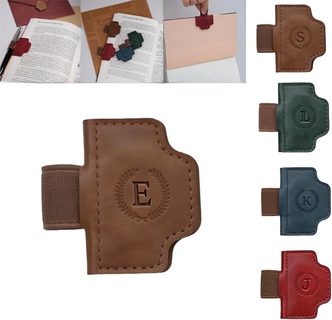 Personalized Magnetic Bygone Mark Bookmark with Pen Holder, 26 Letters Name Initial Custom Leather Book Mark for Women, Gifts for Book Lovers and Readers (Brown,E)
