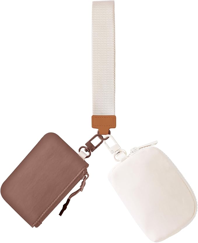 Dual Pouch Wristlet Keychain Wallets for Women with 2 Detachable Zipper Coin Purse - Small and Portable Mini Card Wallet for Women Men Brown+Beige