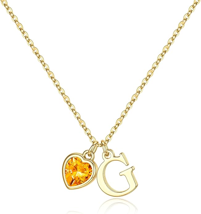 Turandoss Valentines Day Gifts for Her Trendy, Dainty 14K Gold Plated Initial A-Z Heart Birthstone Pendant Necklace Personalized Bridesmaid Birthday Valentines Jewelry Gifts for Women Girls