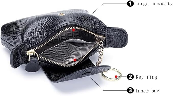 Genuine Leather Wallet Zipper Coin Purse Key Ring Card Organizer Compact Storage for Women (Black)