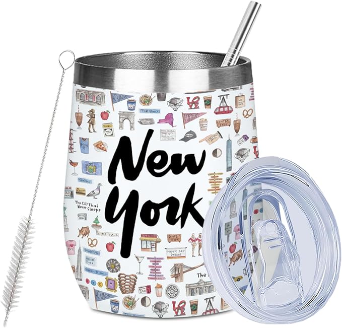 York Gifts Travel Souvenir Wine Tumbler 12 oz Insulated Wine Glass Cup with Lid Straw Vacuum Insulated Cup,Travel Lover Gifts for Women Men Friend Bestie Birthday Friendship Christmas