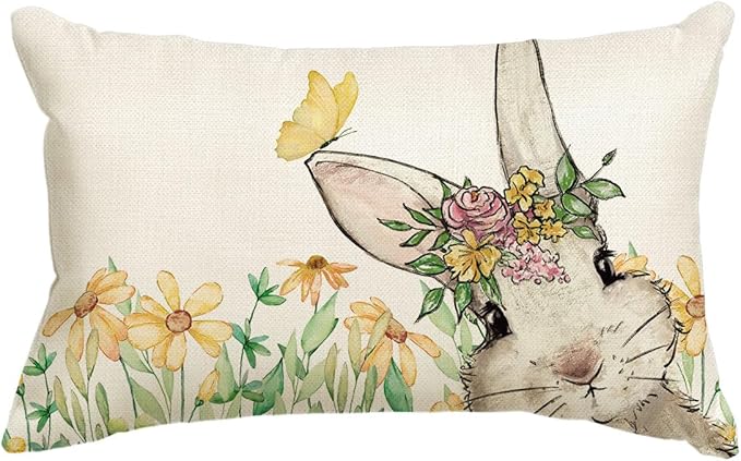 AVOIN colorlife Easter Yellow Floral Garland Bunny Throw Pillow Cover, 12 x 20 Inch Spring Rabbit Holiday Cushion Case Decoration for Sofa Couch