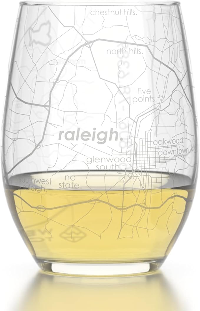 Well Told Engraved Raleigh North Carolina Map Stemless Wine Glass, Etched Glass (15 oz, Clear) City Custom Gifts for Lovers