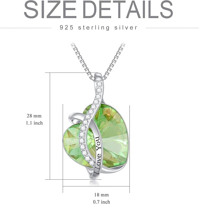 AOBOCO I Love You Sterling Silver 12 Birthstone Heart Pendant Necklace Embellished with Crystals from Austria, Mother's Day Anniversary Birthday Jewelry Christmas Gifts for Women Grandma Nana