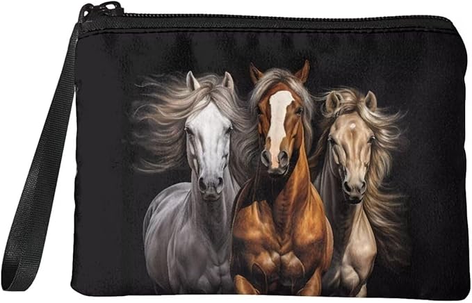 Dolyues Horse Wallets Soft Coin Purse with Wrist Strap Black Travel Casual Change Pouch Bag Small Black Clutch Bags for Boys Men Cool Coin Storage Bag