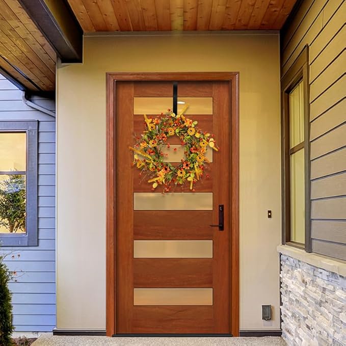 22" Fall Wreath for Front Door with Hanger Artificial Flowers Autumn Decor Berries Sunflowers Daisy Thanksgiving Decorations, Farmhouse Indoor/Outdoor