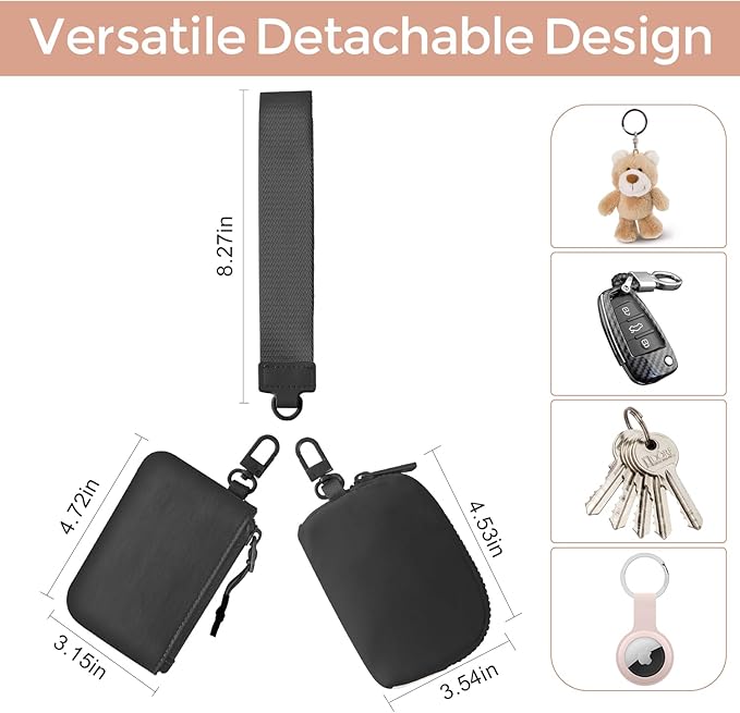 Dual Pouch Wristlet Keychain Wallets for Women with 2 Detachable Zipper Coin Purse - Small and Portable Mini Card Wallet for Women Men Black+Black