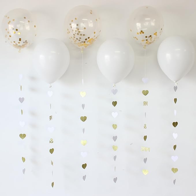 Gold Wedding Party Decorations Gold/White Heart Mr and Mrs Garland with Balloons for Bridal Shower Engagement Bachelorette Party