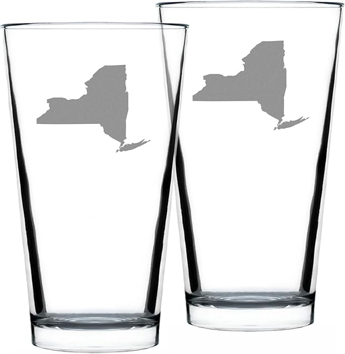 Bevvee New York State Outline Pint Glass for Beer - State Themed Drinking Decor and Gifts for New Yorker Women & Men - Set of 2-16 Oz Glasses