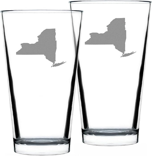 Bevvee New York State Outline Pint Glass for Beer - State Themed Drinking Decor and Gifts for New Yorker Women & Men - Set of 2-16 Oz Glasses