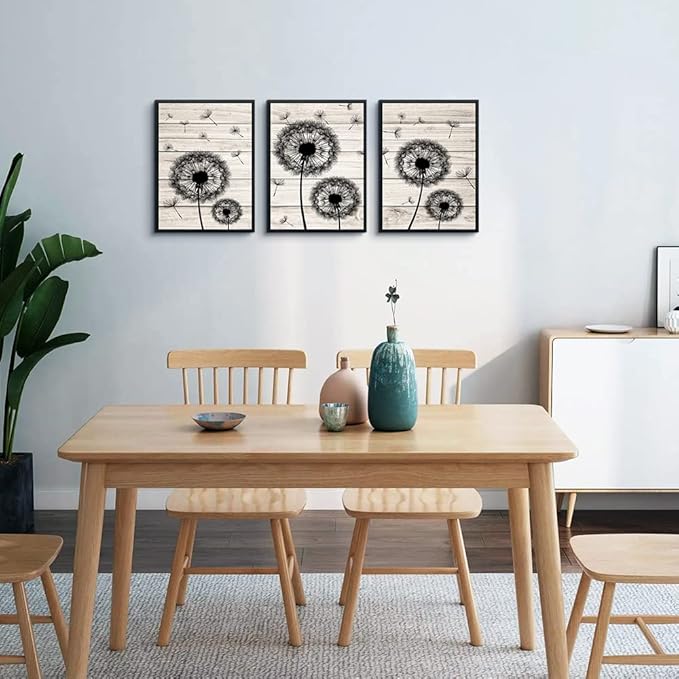 Framed Wall Art For Living Room Wall Decor For Bedroom Fashion Office Decor Abstract Wall Painting Black Dandelion Flowers Hang a Pictures Artwork Kitchen Home Decoration 3 Piece Black Wood Framed