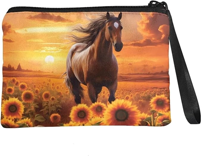 Dolyues Small Coin Purse Horse Sunset Mini Wallet Sunflower Print Coin Pouch Change Purse for Women Girls Coin Pocket Mini Money Bag