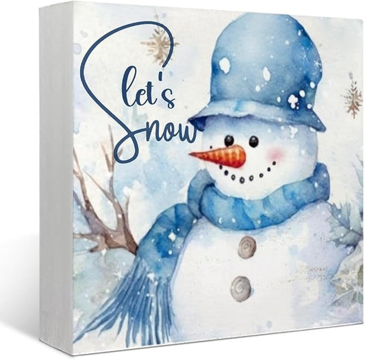 Mtrgdn Merry Christmas Sign, Winter Snowman Table Wood Box Sign,Winter Holiday Xmas Decoration Wood Box Signs Blocks for Home Bedroom Kitchen Shelf Desk Indoor Decor 5x5 Inch