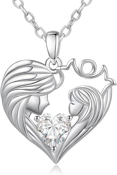 Mother and Daughter/Son Love Heart Necklace White Gold/14K Gold/Rose Gold Birthstone Jewelry Christmas Mothers Day Birthday Gifts For Mom Wife Grandma Women