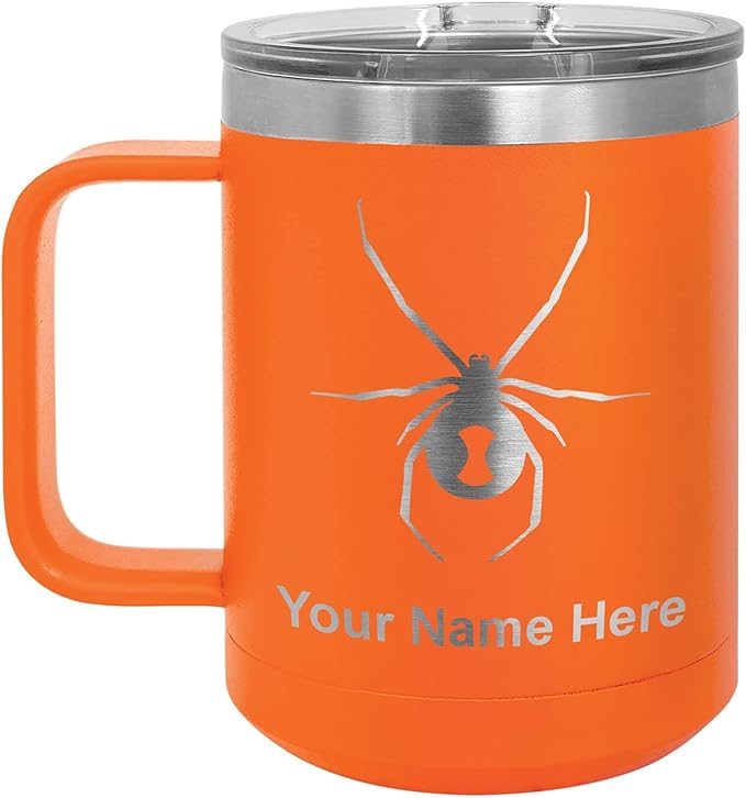LaserGram 15oz Vacuum Insulated Coffee Mug, Widow Spider, Personalized Engraving Included (Orange)