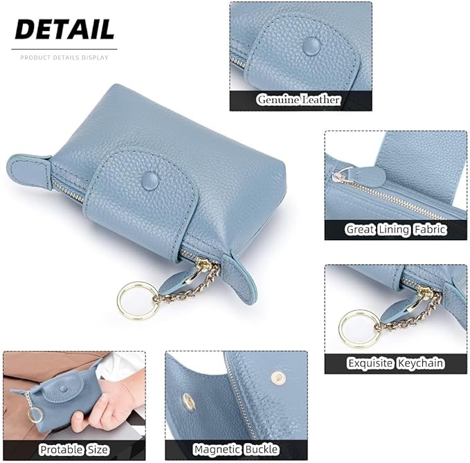 Genuine Leather Wallet Zipper Coin Purse Key Ring Card Organizer Compact Storage for Women (Blue)