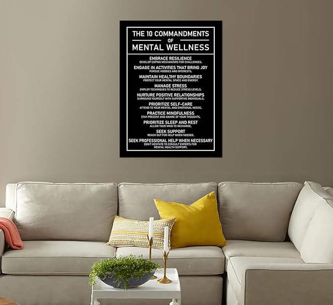 Motivational Canvas Wall Art The 10 Commandments Of Mental Wellness Inspirational Positive Growth Quote Poster Painting Prints for Office Living Room Home Decor Framed Artwork[30''W x 40''H]