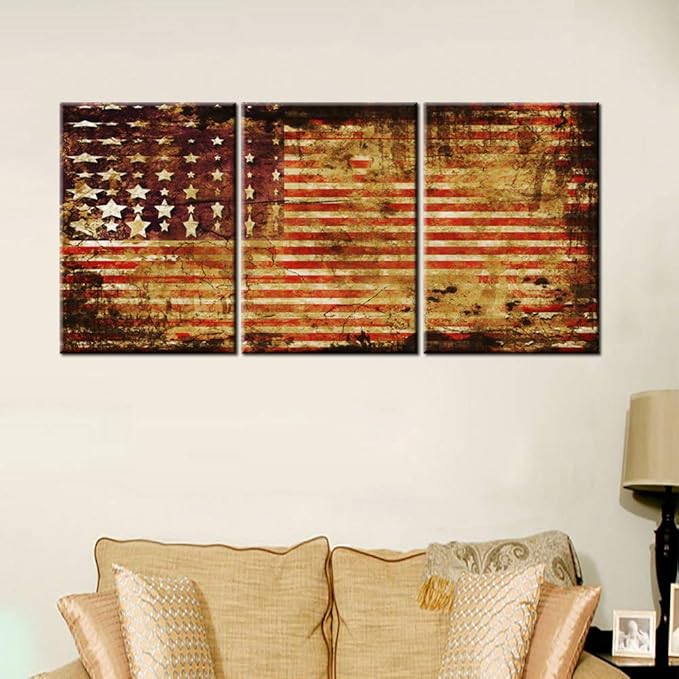 Native American Decor Grunge USA Flag Picture Patriotic Paintings Stars Stripes Wall Art 3 Piece Printed on Canvas Modern Artwork for Home Framed Stretched Ready to Hang in Living Room(42''Wx20''H)
