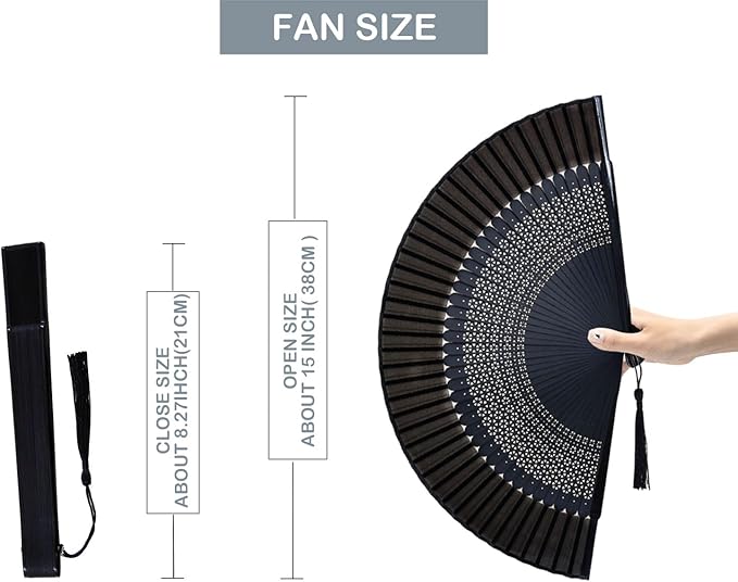 Hand Held Fan for Women Foldable, Chinese Japanese Vintage Bamboo Silk Folding Fans Hand Fan for Dance Music Festival Wedding Church Decoration (Black-O)