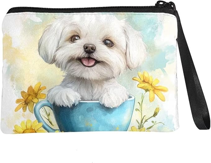 Dolyues White Dog Coin Wallet for Women Cute Money Pouch for Kids with Zipper and Wristlet Dog Coin Pouch Small Change Pouch for Shopping Party