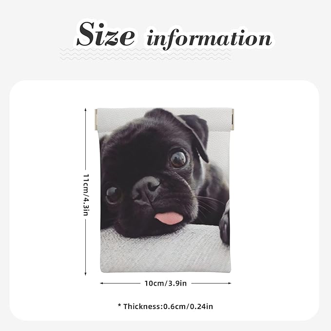Coin Purse Funny Black Pug Leather Squeeze Coin Purse Mini Pouch Change Wallet Bag Gifts for Women Kids Girls Key Holder