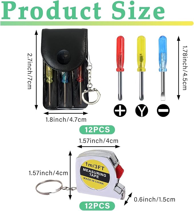 Mini Screwdriver Keychain Tape Measure Keychains Set Retractable Keychain Tape Measure Mini Screwdrivers in Pouch Keychain for Birthday Party Favors and Daily Use, 1 m/ 3 ft (24 Pcs)
