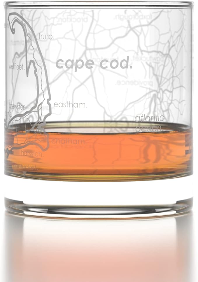 Well Told Engraved Cape Cod Massachusetts Map Rocks Glass, Old Fashioned Whiskey Glass (11 oz, Clear) Etched Whiskey Glass, Gifts For Whiskey Lovers