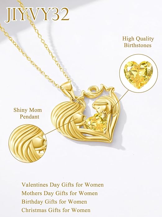 Mother and Daughter/Son Love Heart Necklace White Gold/14K Gold/Rose Gold Birthstone Jewelry Christmas Mothers Day Birthday Gifts For Mom Wife Grandma Women