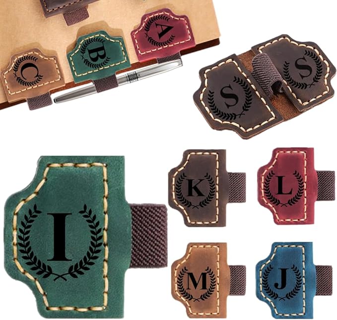 Custom Bookmark with Pen Holder with 26 Letters Personalized Magnetic Leather Book Mark, Customized Name Book Marker Clip with Initial for Men Women, Gifts for Book Lovers, Readers, (Green, I)