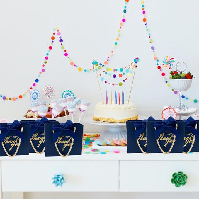 TKSBAG 50 Pack Small Thank You Gift Bags with Handles, 5.5''x 2.5''x4.7'' Mini Navy Blue Gift Bags Bulk for Baby Shower, Birthday, Wedding, Party Favors, Back to School, Summer Party